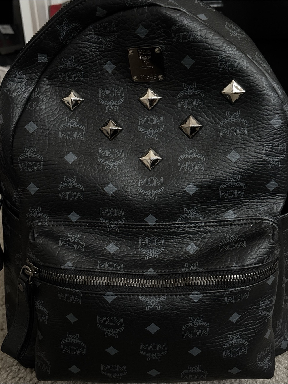 MCM Black Logo Leather Backpack with Silver Studs